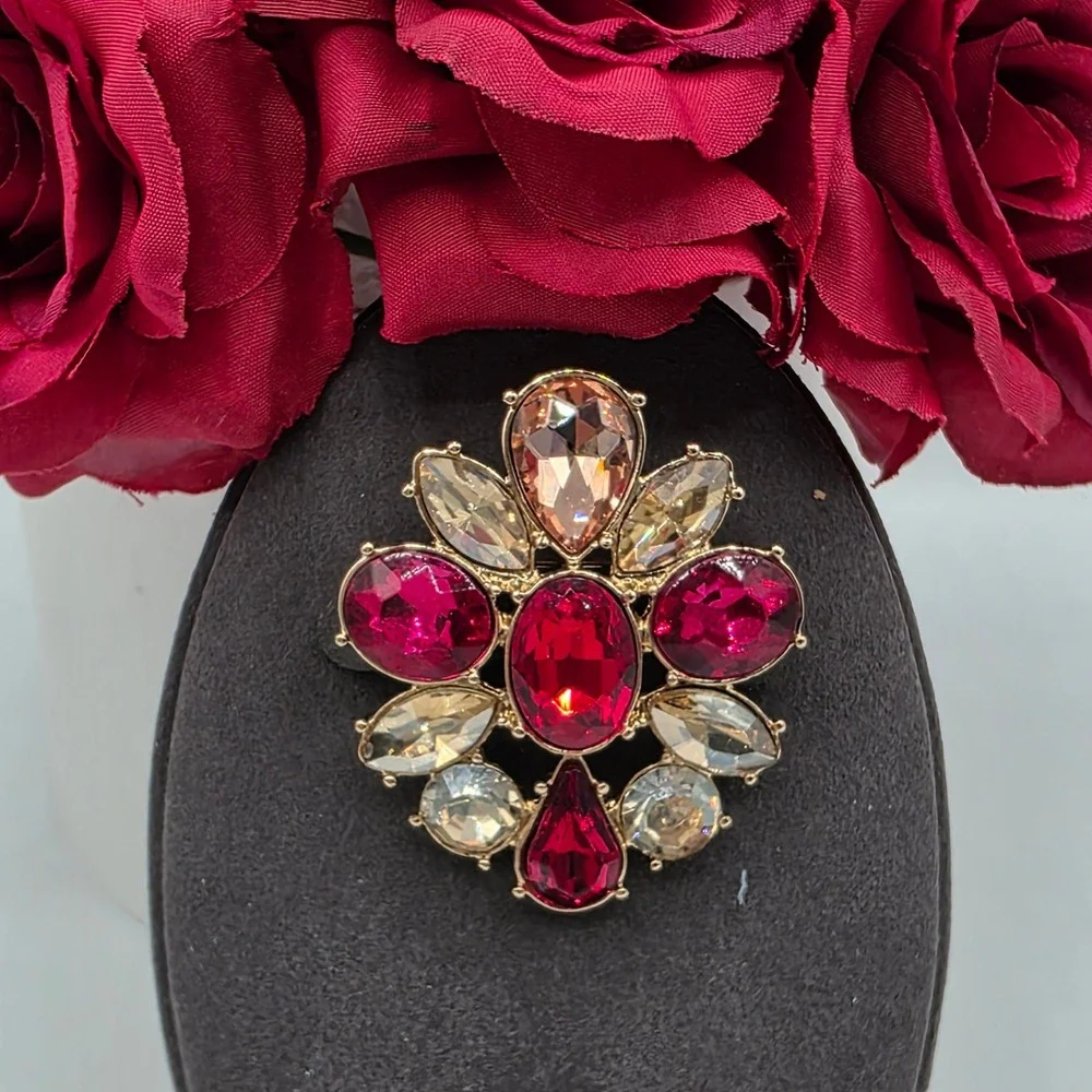 Gold Tone Red Pink Champagne Crystal Cluster Floral‎ Statement Brooch Statement